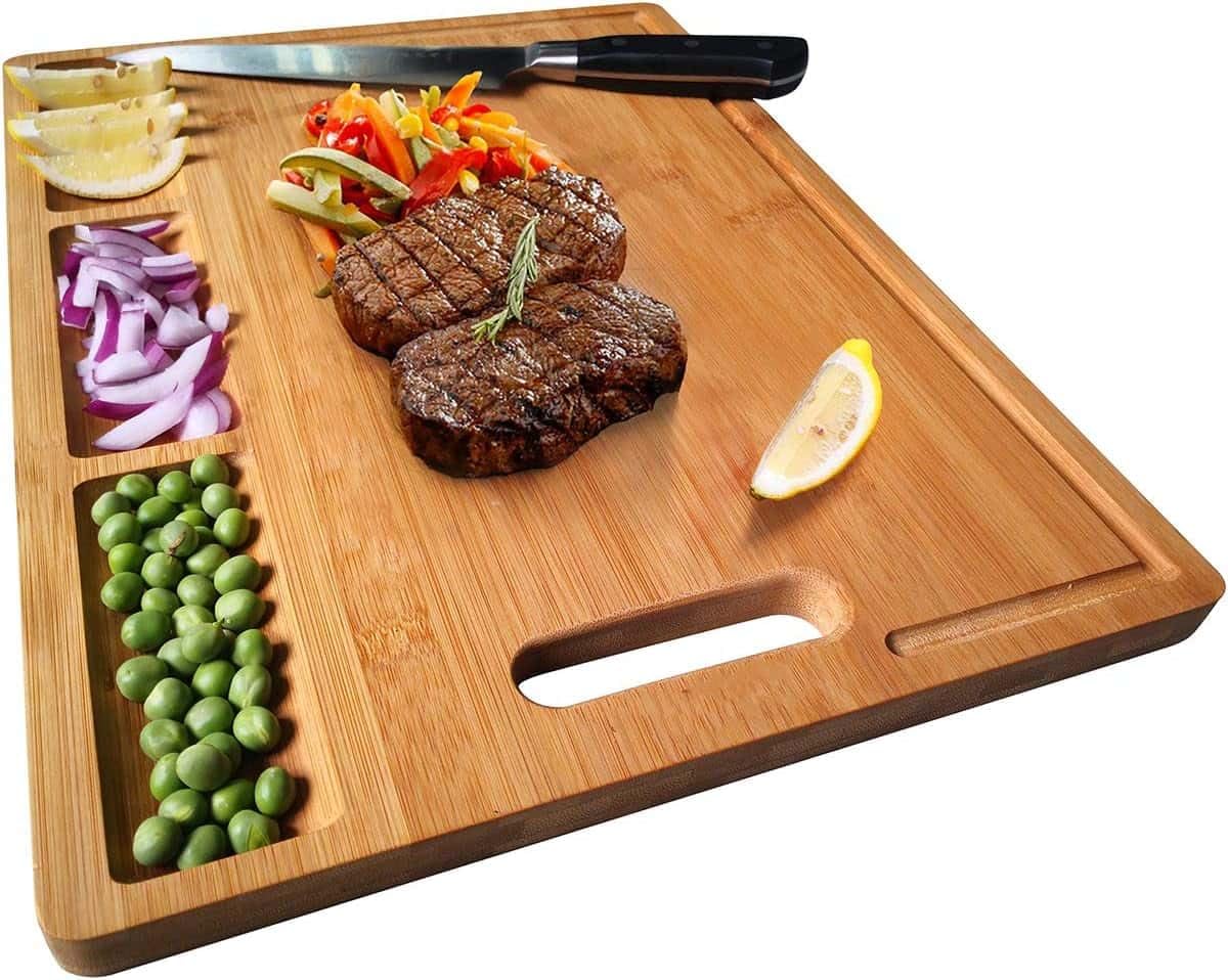 NIUXXBamboo Cutting Board for Kitchen, Reversible Chopping Board with 3 Built-in Compartments and Juice Grooves, Large Chopping Tray 43 x 32 x 2 cm, Meats Vegetable Bread Fruits Board