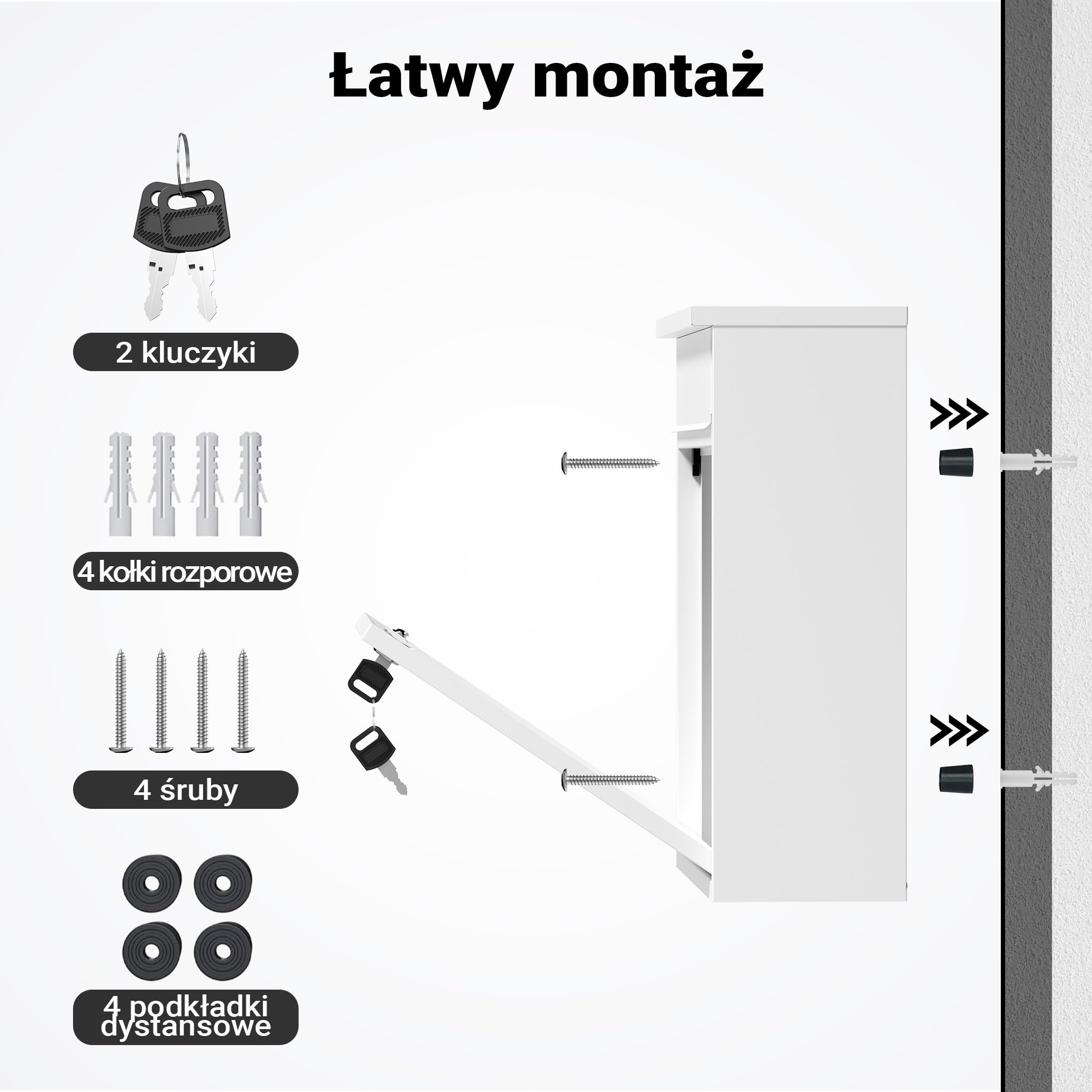 Wiltec Skrzynka na listy biała V13, stalowa z zamkiem, minimalistyczna skrzynka pocztowa do montażu na ścianie i stojaku, stal galwanizowana