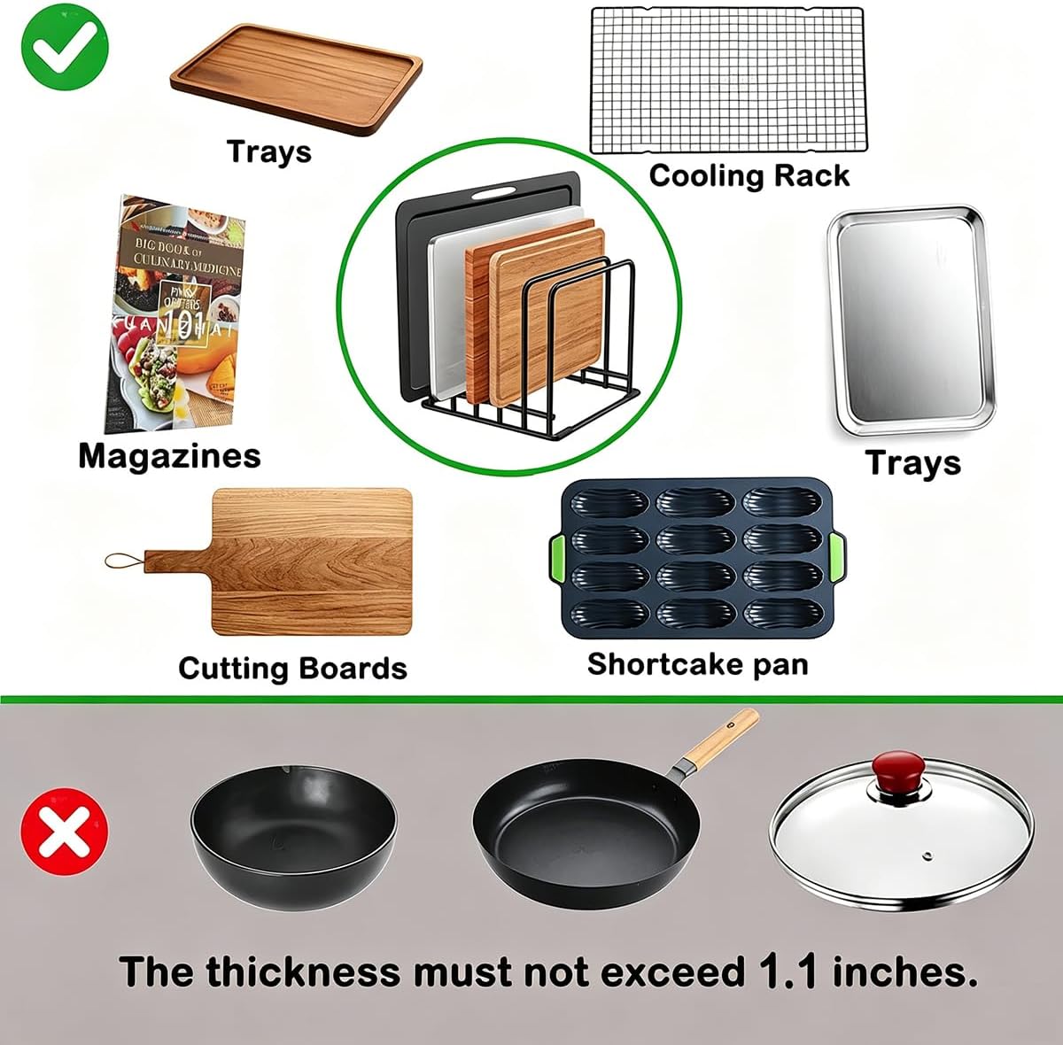 Kitchen 5-Slot Pan & Cutting Board Organizer Rack, Counter/Cabinet Storage Holder (BLACK)