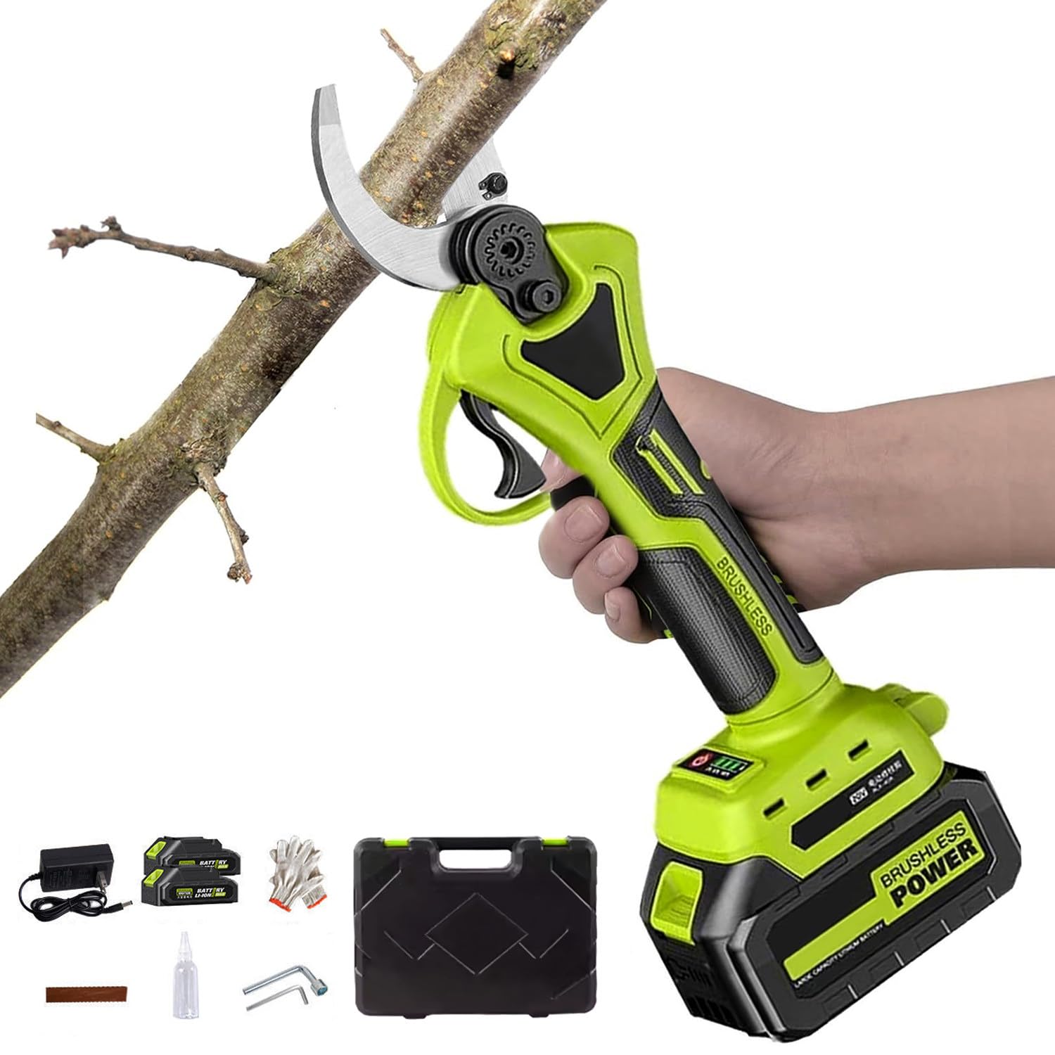 Tijeras De Podar Eléctricas Sin Escobillas para Jardinería, Podadora De Ramas De Árboles Inalámbrica Mejorada con Pantalla LED Y Cuchillas SK5, Diámetro De Corte Ajustable De 12~50mm (2 Baterías)