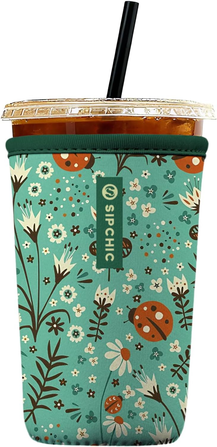 Iced Coffee Sleeve – Neoprene Reusable Cup Sleeves for Drinks, Insulated Drink Sleeves to Keep Hands Dry & Drinks Cold, Stylish & Durable Coffee Sleeves (Ladybug Meadow, Medium: 22-29oz)