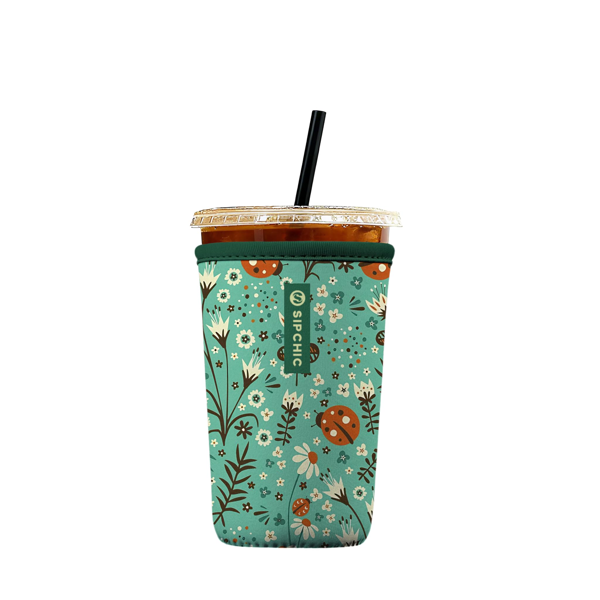 Iced Coffee Sleeve – Neoprene Reusable Cup Sleeves for Drinks, Insulated Drink Sleeves to Keep Hands Dry &amp; Drinks Cold, Stylish &amp; Durable Coffee Sleeves (Ladybug Meadow, Medium: 22-29oz)