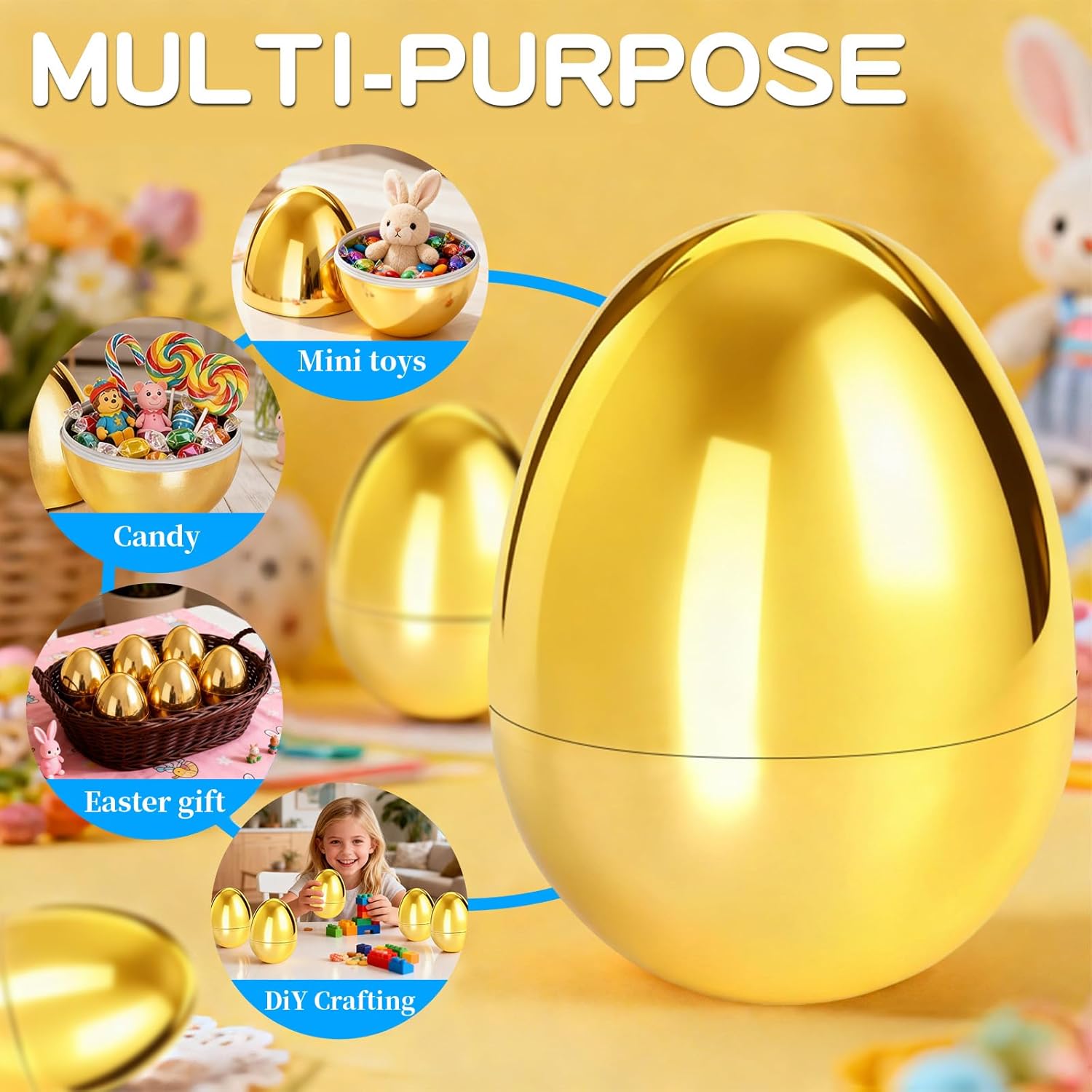 6 Pcs Jumbo Easter Eggs Fillable Metallic Large 6 Inch Gold Plastic Surprise Eggs, Easter Themed Hunt Rewards Basket Stuffers Fillers Filling Treats Party Favor Classroom Prize Supplies