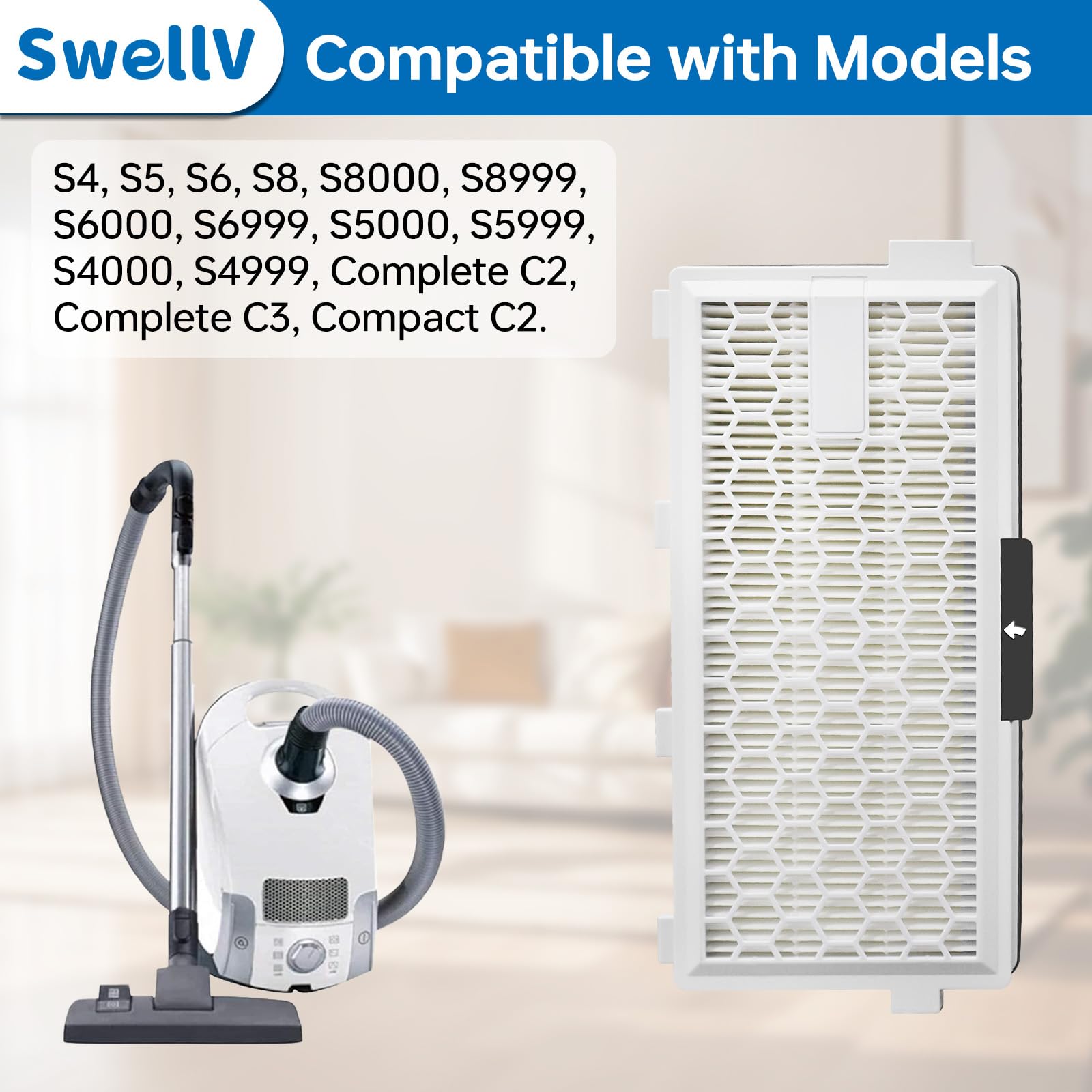 SwellV 3 Pack AirClean 50 Replacement Filter Compatible with Miele AirClean SF-HA 50 Filter for Model # S4, S5, S6, S8, S4000, S4999, S5000, S5999, S6000, S6999, S8000, S8999,Complete C2 & C3