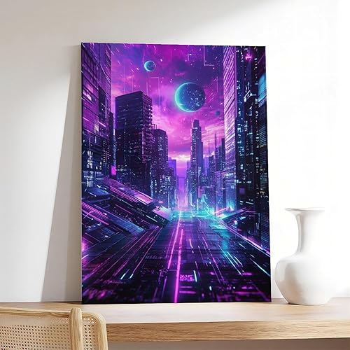 Miniatura 7 de Futuristic Neon City Wall Art  Synthwave Aesthetic Poster with Grid & Planet Elements Modern Wall Prints Abstract Geometric Minimalist Art Framed