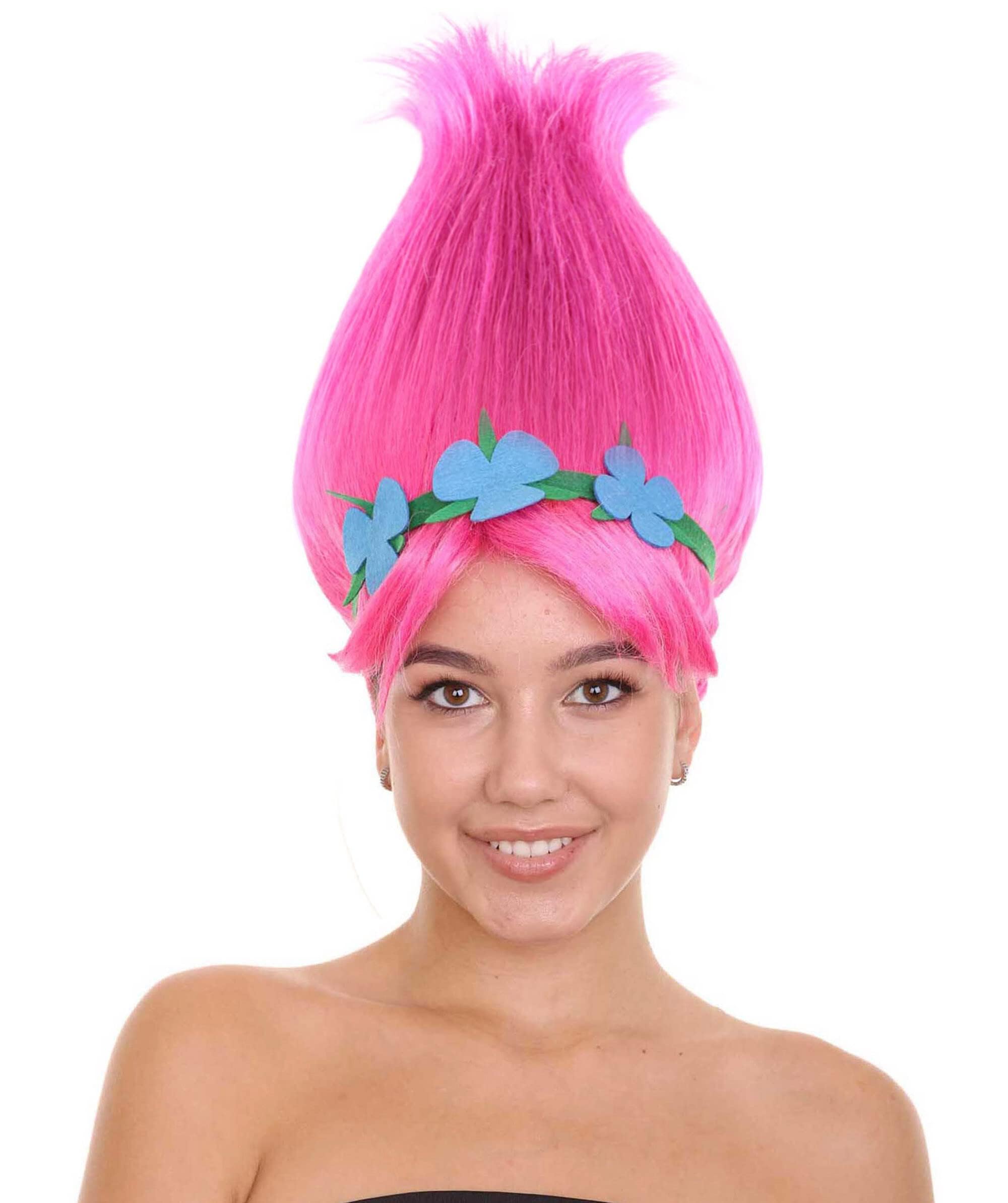 HPO Women's Pointy Princess Troll Cosplay Wig – Bright Pink Hair with Blue Flower Headband | Adult Fun Crazy Hairpiece for Halloween Parties & Theme
