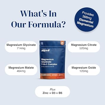 Zipvit Magnesium Glycinate 7 in 1 Complex 1800mg - 120 Capsules - Vegan | 388mg Elemental Magnesium - Easily Absorbed Magnesium Bisglycinate - 4 Active Magnesium Forms with Vitamin D3, B6 & Zinc