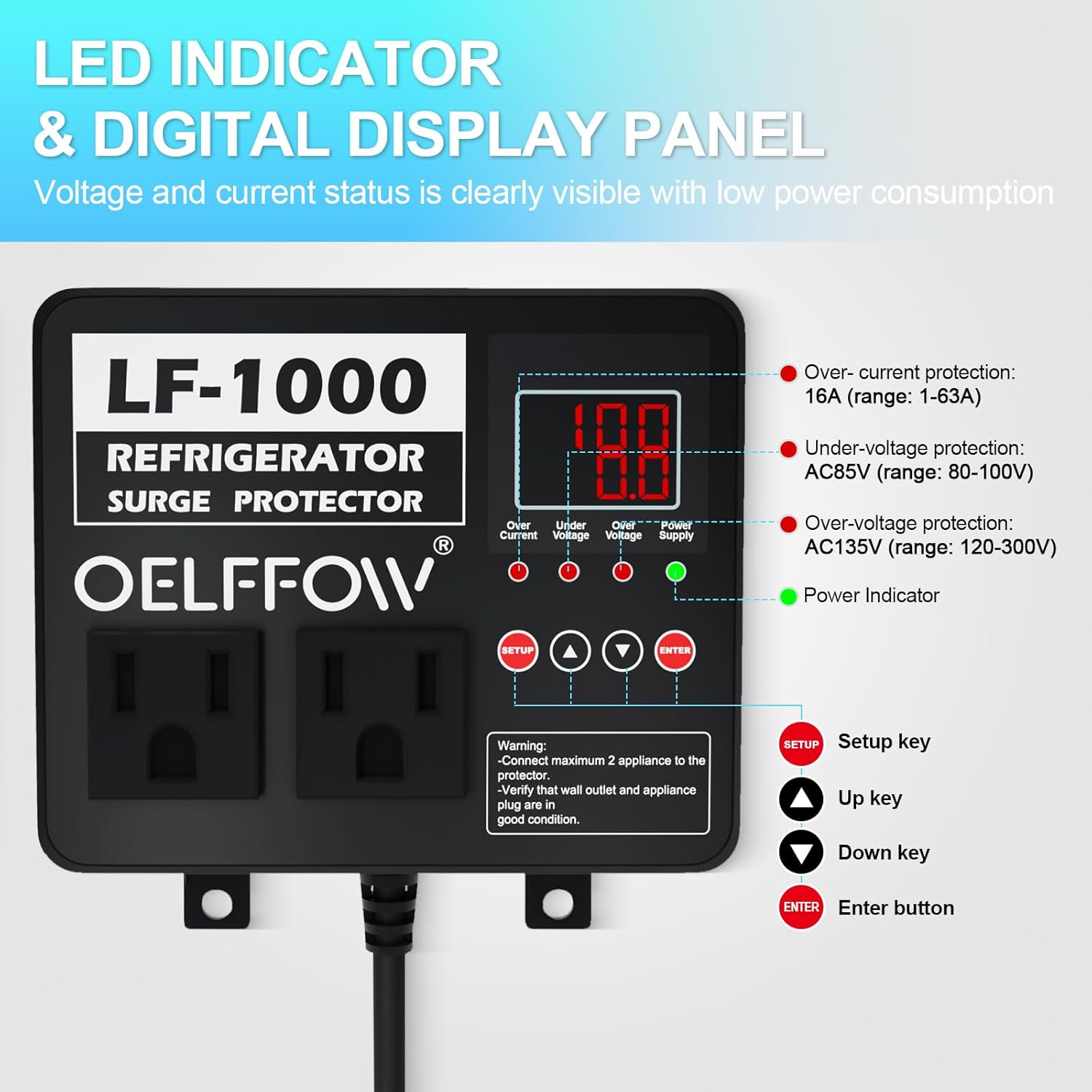 Refrigerator Surge Protector, Time Delay and Real-time Display, Voltage Protector, 2 Outlet Surge Protector for Home Appliances, with Mounting Screws, Black - Image 3