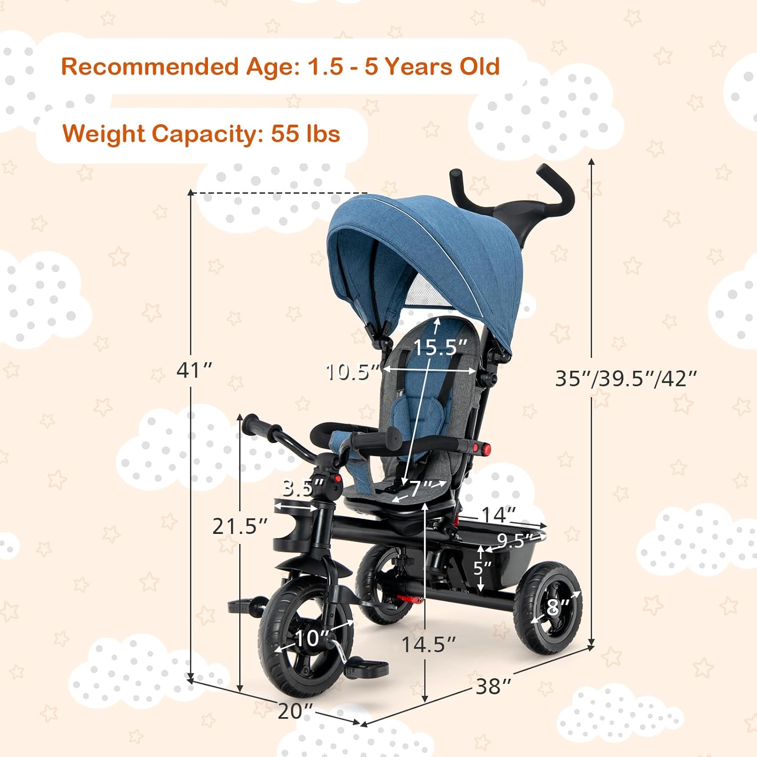 GLACER Tricycle, 5 in 1 Toddler Bike with Adjustable Push Handle, Removable Canopy, Reversible Seat, Safety Harness, EVA Wheels, Cup Holder & Storage Basket, Baby Tricycle for Age 1.5-5 Years (Blue)