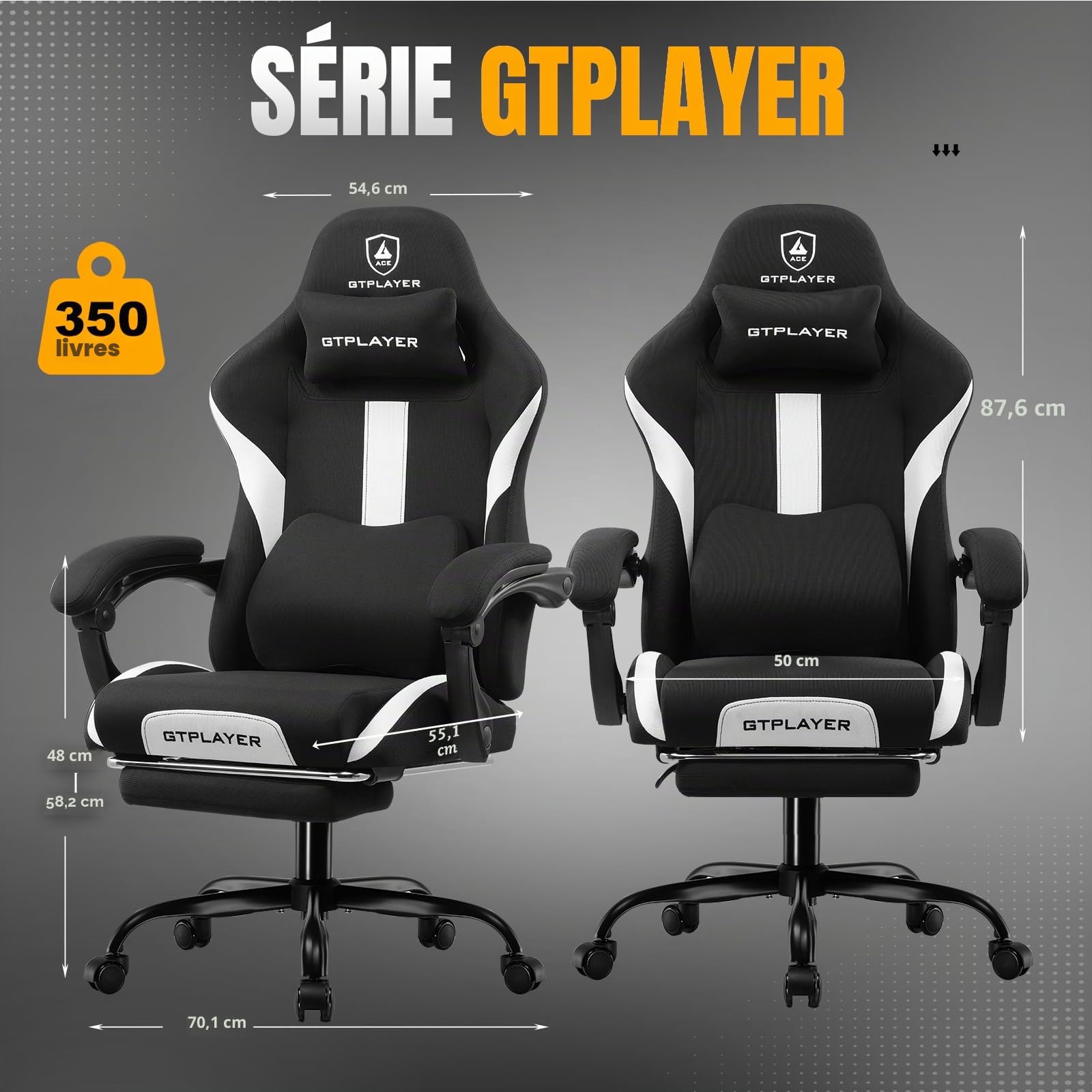 GTPLAYER Chaise de Gamer, Chaise de Bureau, Respirante, en Tissu de qualité supérieure, Ergonomique, réglable et pivotante, avec Repose-Pieds, Supporte 150 kg, Blanche