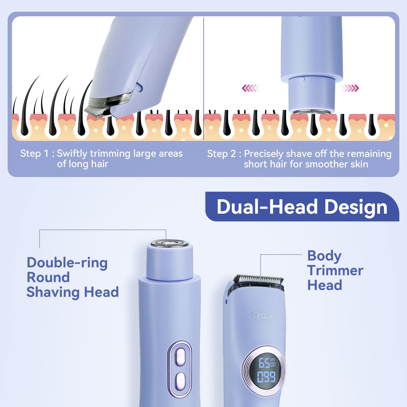Rasoio elettrico da donna a doppia testa, con luce LED, indolore, per viso, ascelle, zona bikini, impermeabile, IPX7, elegante viola