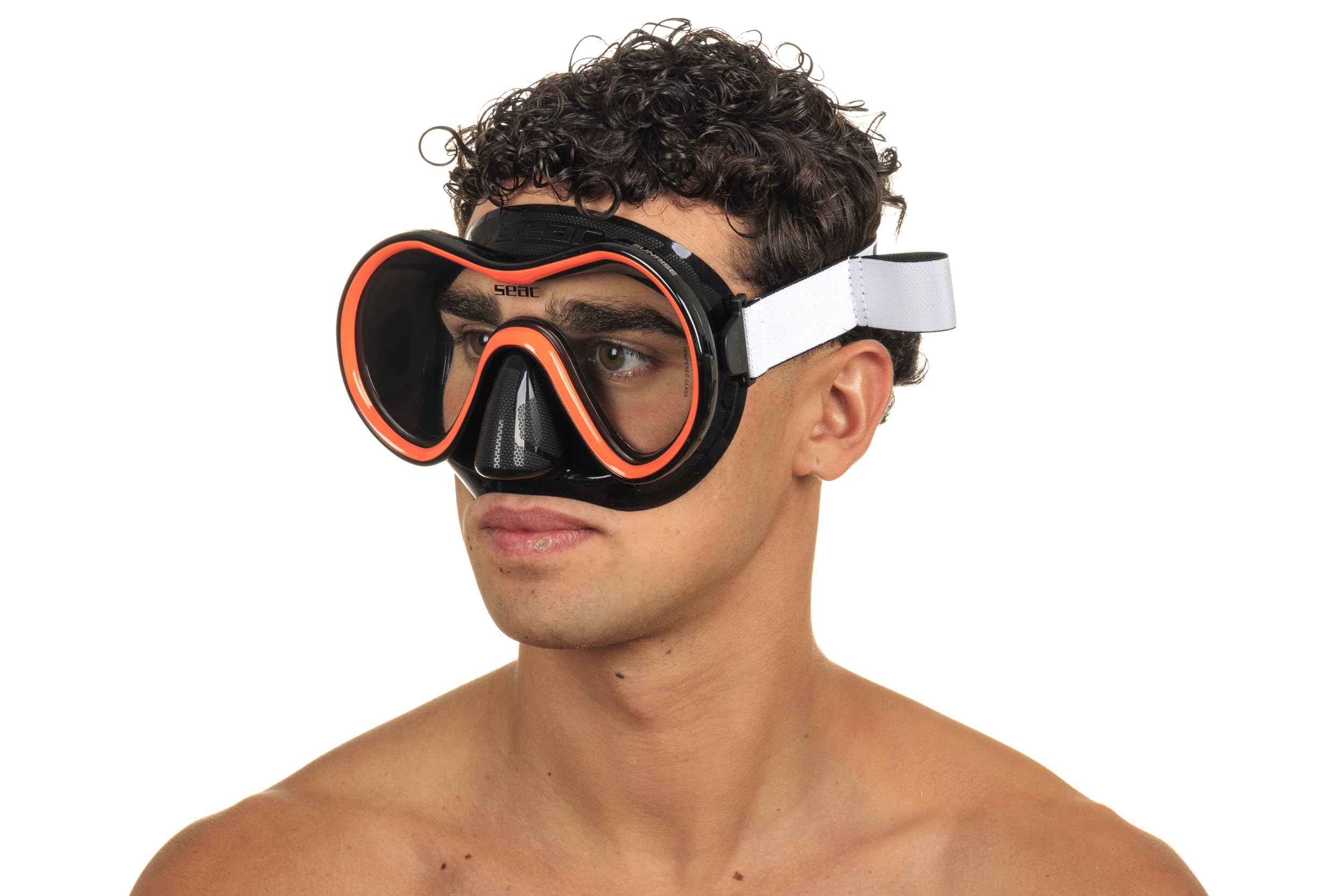 SEAC Sunrise máscara de Buceo y Snorkel de una Sola Cara de Vidrio Templado con Hebilla 3D, con Casco de Tela o Silicona, Unisex Adulto