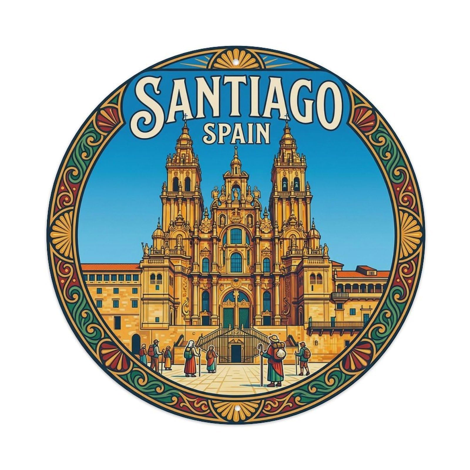Vintage Travel Spain Santiago Vintage Metal Tin Sign Plaque Wall Decor for Cafe, Club Bar, Office, Garden Metal Poster 8x8Inch