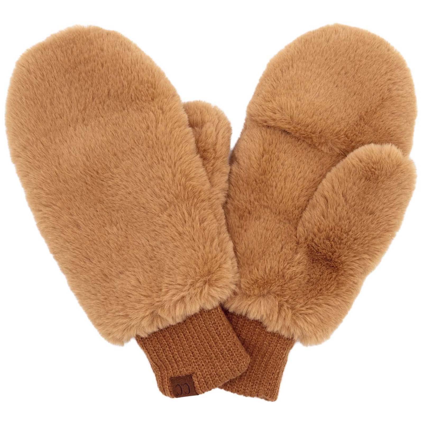 C.C Soft Faux Fur Fuzzy Lined Flip Up Down Top Fingerless Mitten Gloves (Solid Camel)