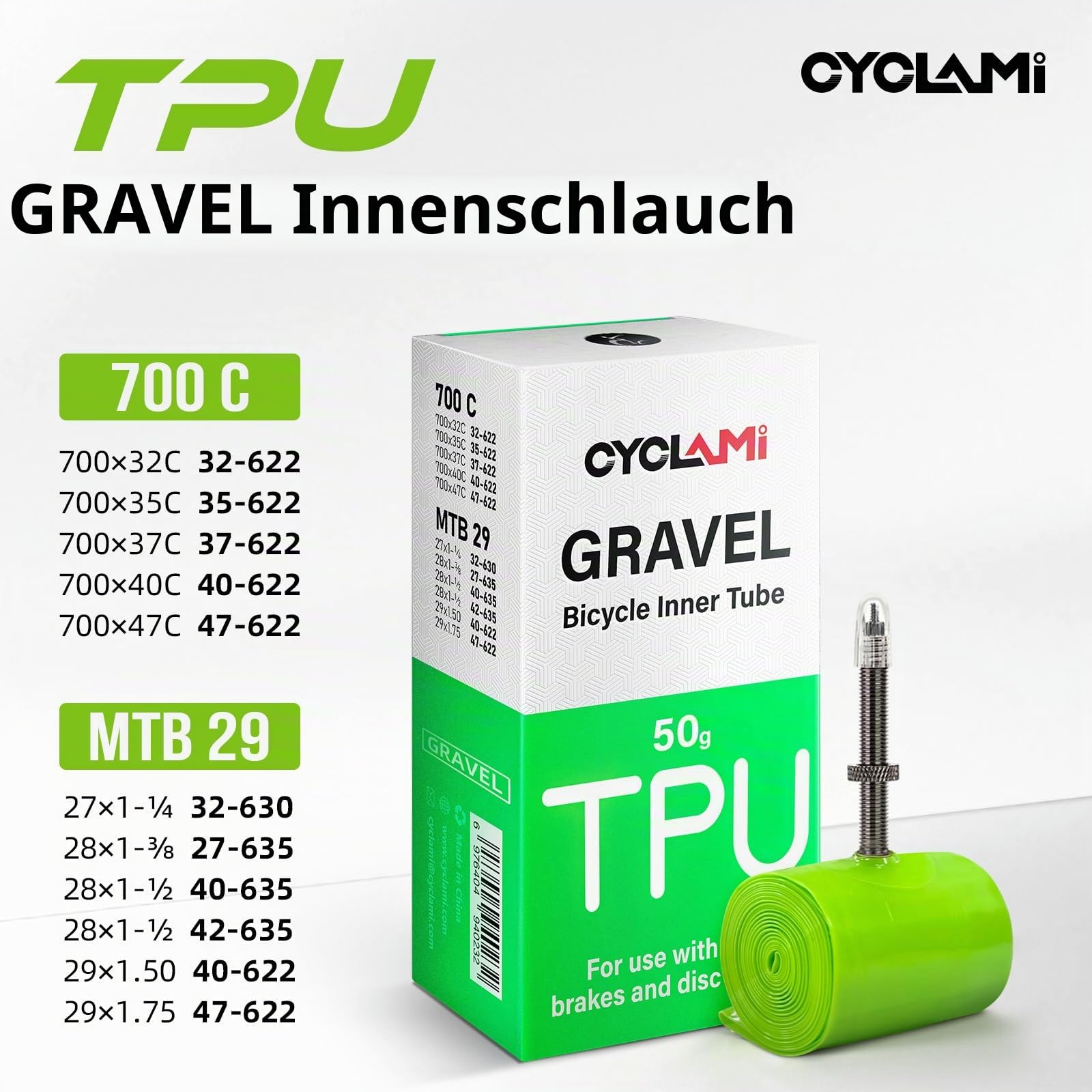1/2/4 PCS TPU Schlauch Gravel Ultraleichter 50g, Gravel 700C x 32-47-622 & MTB 29 Zoll,TPU Fahrradschläuche -Presta Ventil 45/60mm
