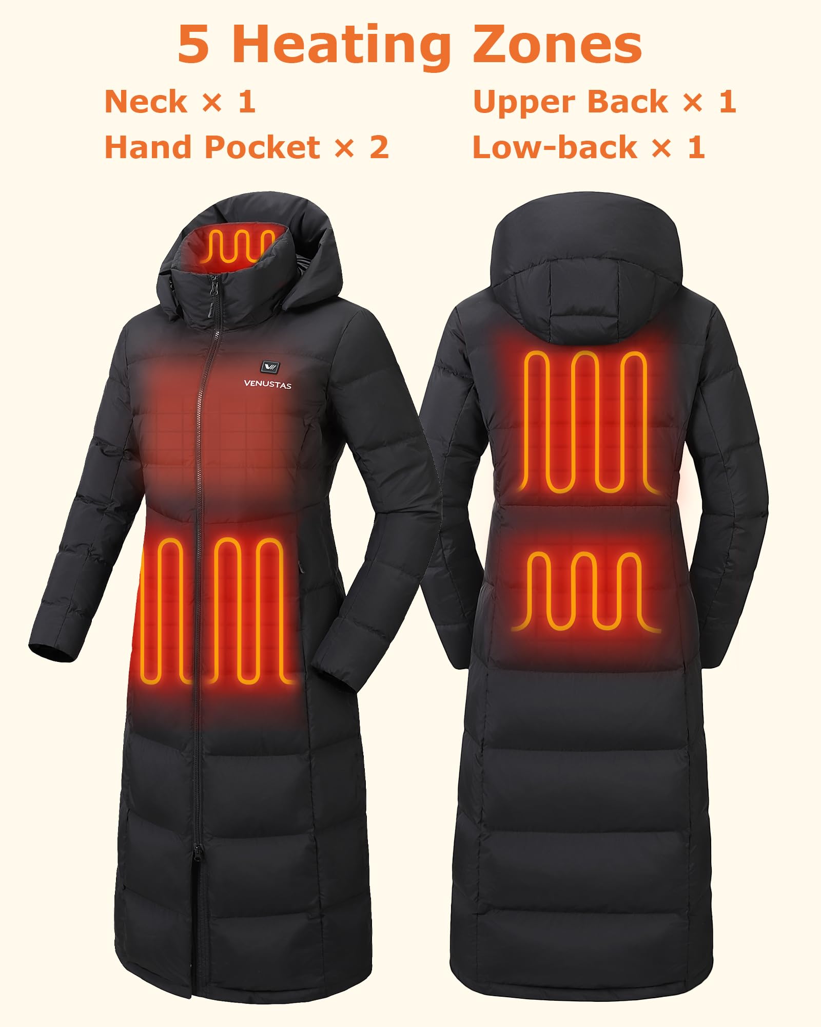 Venustas Women's Maxi-Length Heated Down Jacket, Recycled Long Electric Winter Puffer Coat with Battery