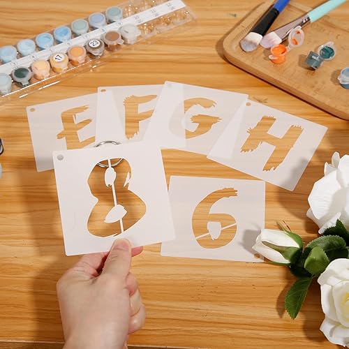Miniatura 10 de Kit de 36 plantillas de letras para pintura, plantillas de letras y números con anillo de metal, plantillas reutilizables del alfabeto en mayúsculas