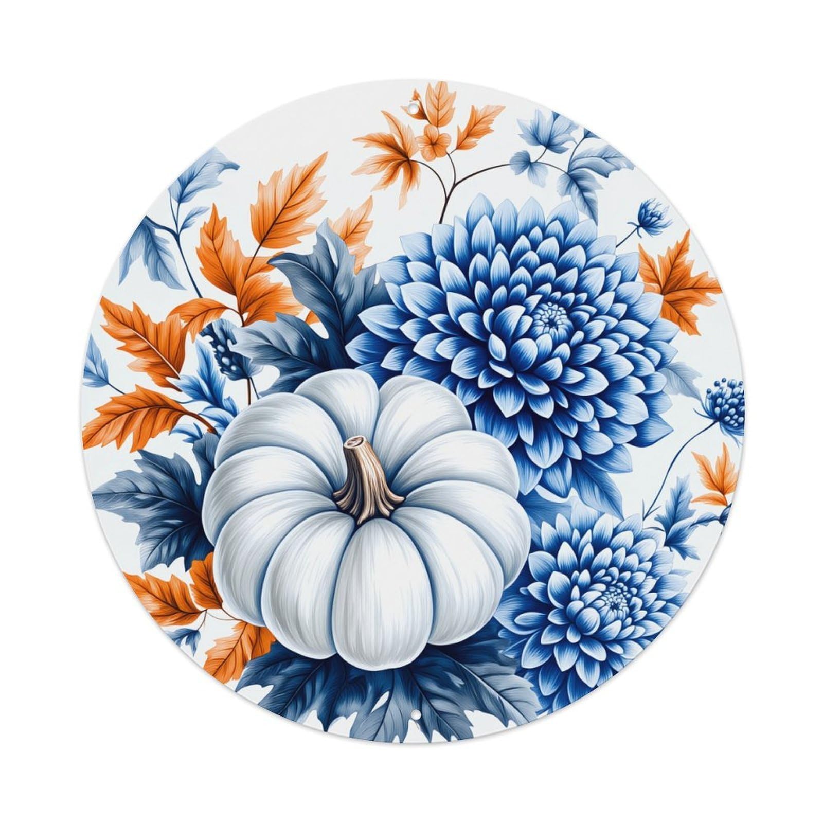 Blue Pumpkin Floral Autumn Leaves Round Tin Sign Vintage Metal Poster, Home Bar Garage Man Cave Cafe Indoor & Outdoor Wall Decoration 8x8Inches