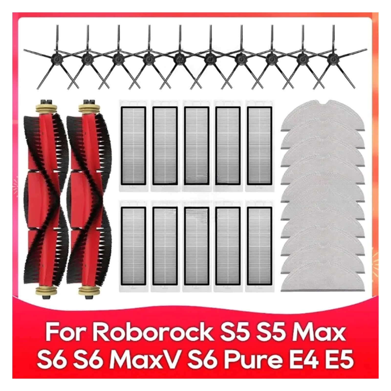 Accesorios For Fregona con Filtro De Cepillo Lateral De Rodillo, Compatible con Roborock S5, S5 MAX, S6 MaxV, S6 Pure, E4, E5, S51, S52, S55 Piezas(Set J)