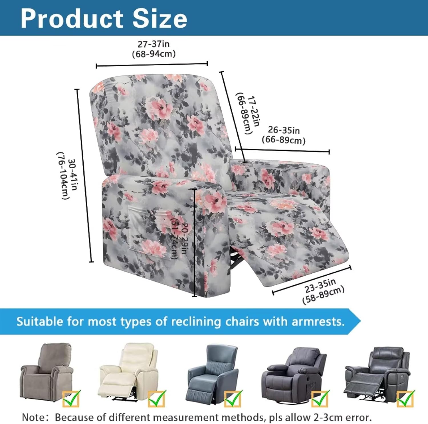 Rose Print Recliner Chair Covers for Living Room Soft Recliner Sofa Slipcovers with Pocket Easy to Install Lazyboy Covers Couch Chair Cover for Pets Gift for Holiday