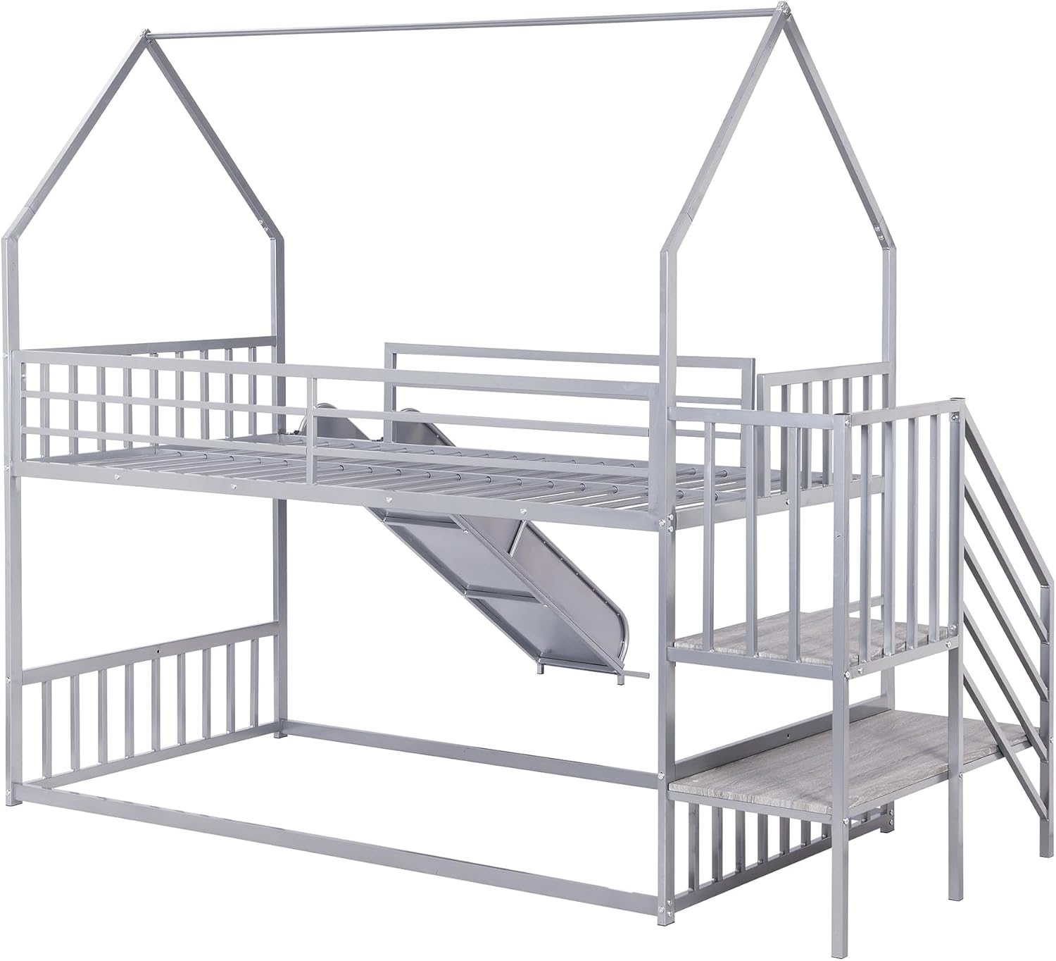 Twin Over Twin Metal Bunk Bed, Floor Bunk Bed Frame with Guardrails, Kids Bedroom Furniture with Slide and Staircase for Boys & Girls, Teens (Silver)