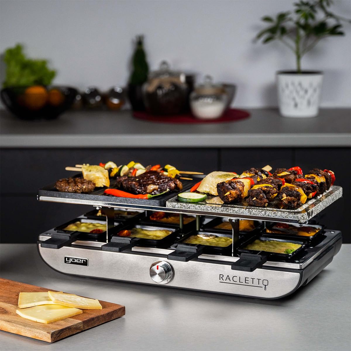 Yoer Racletto ERG04S, Elektryczny Grill Raclette 4w1, 1400W, 8porcji, zestaw, 3 sposoby grillowania, 5 poziomów temperatury, granitowa płyta, termostat,