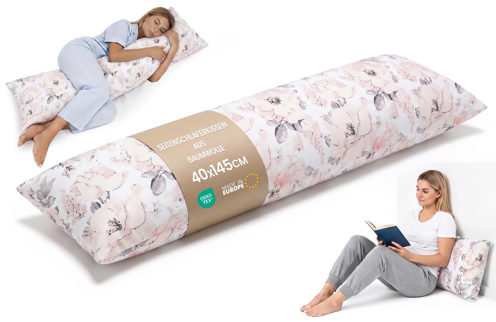 Poduszka do spania na boku z bawełnianym pokrowcem 40 x 145 cm - komfortowa poduszka do spania na boku poduszka do spania na boku poduszka do spania na boku dzika róża