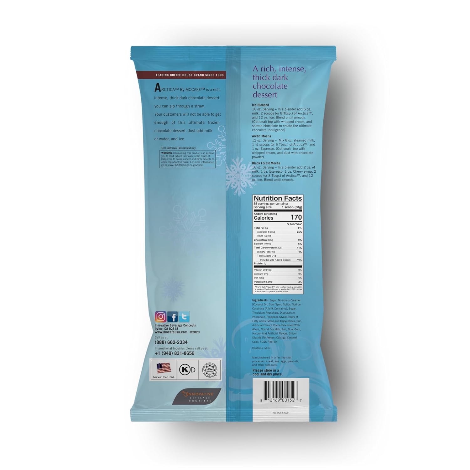 MOCAFE Frozen Hot Chocolate Drink Mix, Arctica Rich Dark Cocoa Frappe Powder, 3lb Bulk Bag