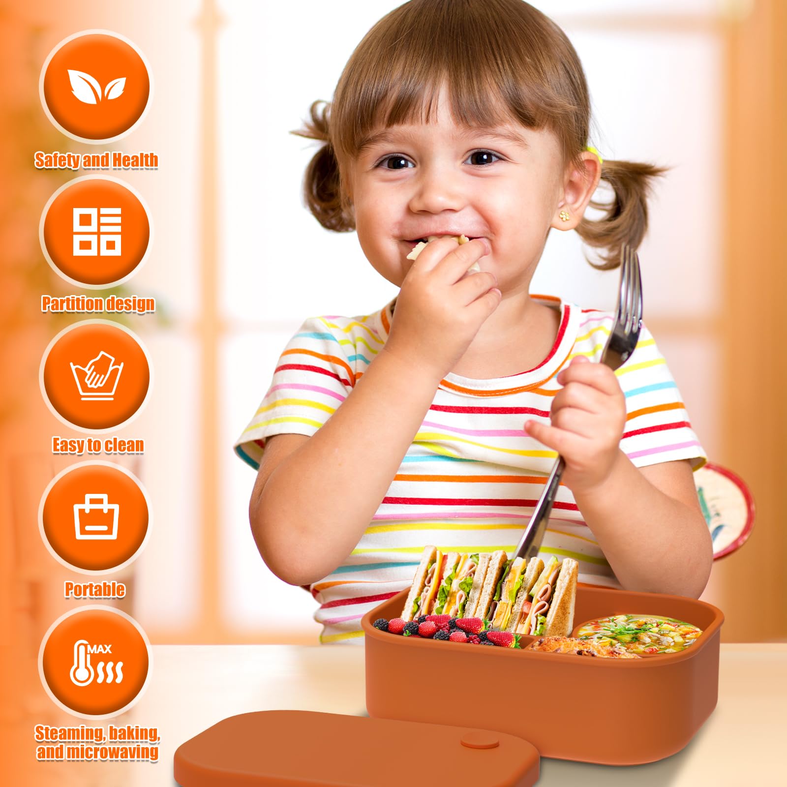 ZLHETWT Food Storage Container Silicone Food Storage Containers,Portable Container Leakproof Travel Meal Box with 4 Compartment Microwave Safe for Home Work Travel (Dark orange)