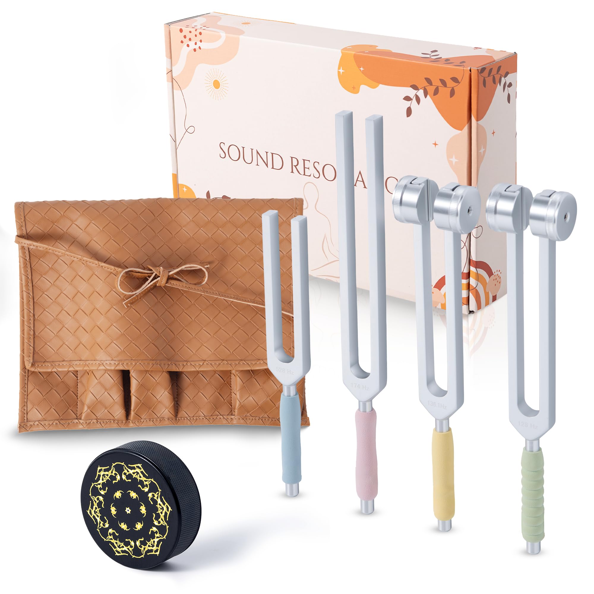 tuning forks for healing set including four frequency 128hz 1361hz 174hz 528hz yoga and meditation accessories chakra sound therapy instruments with tuning fork activator and vegan leather pouch