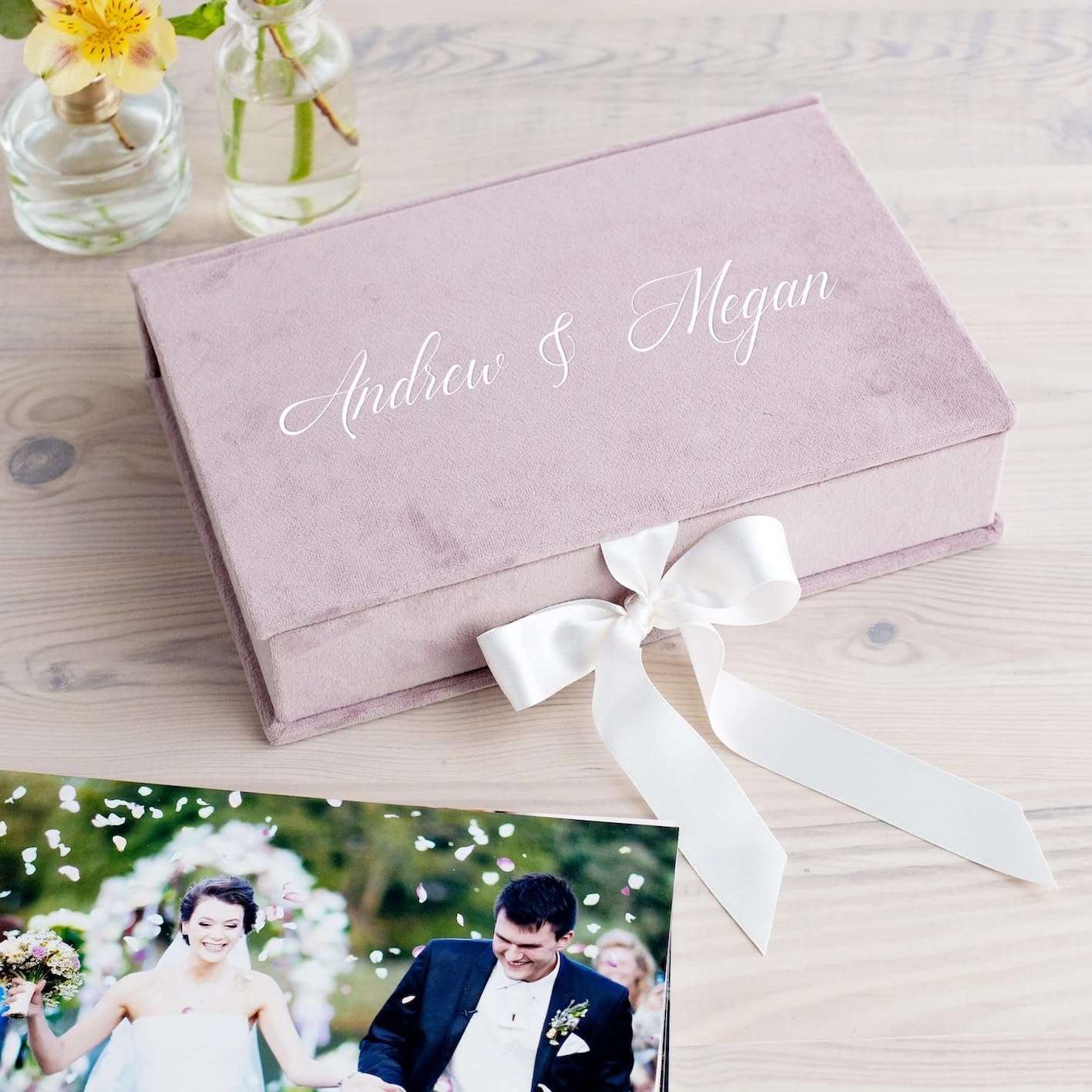 Velvet Photo Box for 4x6, 5x7, 8x10 Photos | Photography Print Storage Box | Wedding Day Couple Gift for Groom & Bride | Gift Box for any Occasion | Keepsake Box for Memories with Ribbon Bow