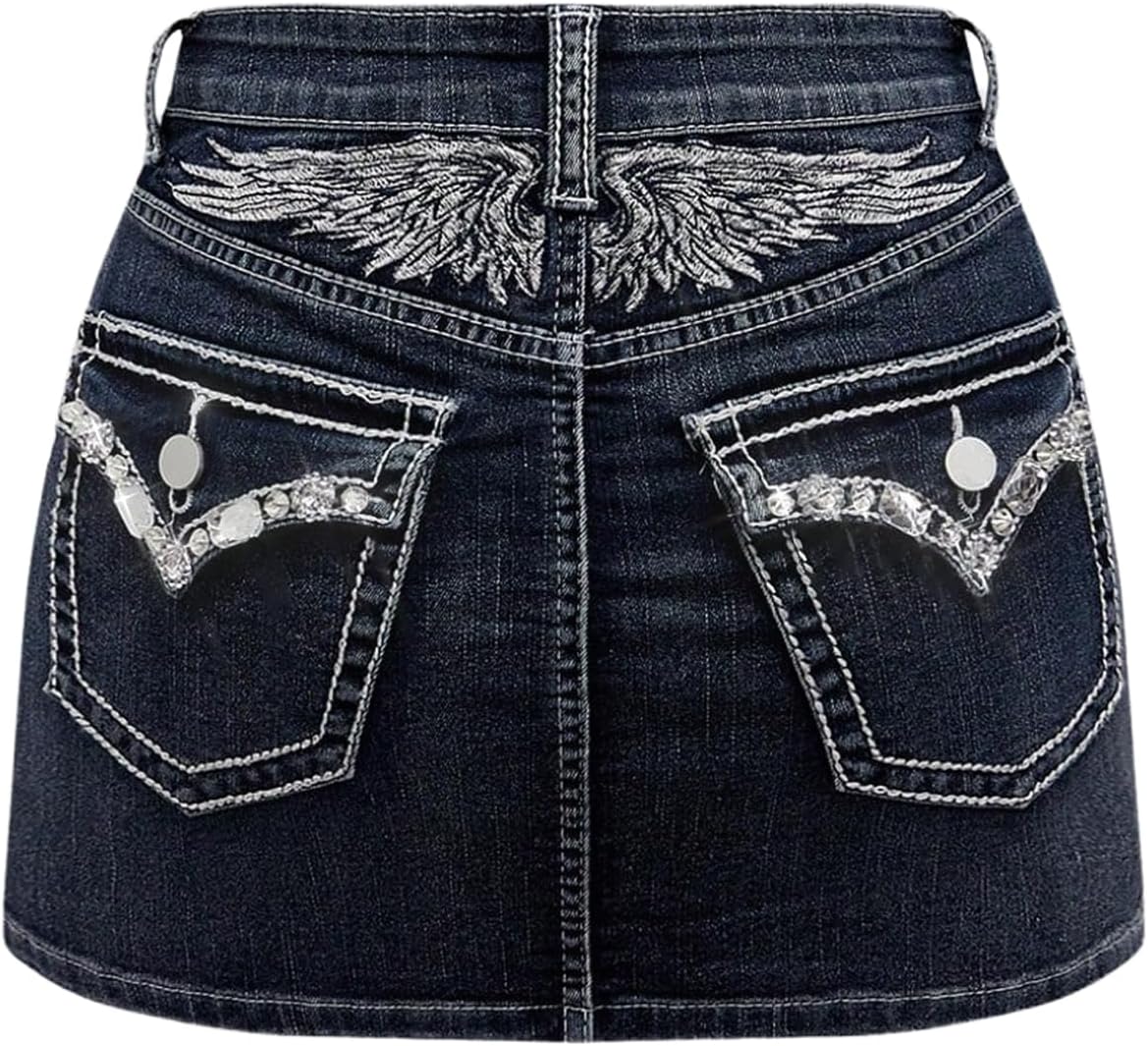 Floerns Women's Wing Embroidery Denim Skirts Rhinestone Stretch Y2k Mini Skirt
