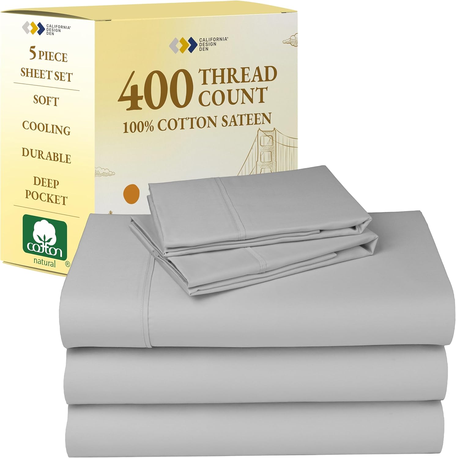 Split King Sheets for Adjustable Bed, Natural 100% Cotton Sheets, 400 Thread Count Sateen, Deep Pockets with All Around Elastic for a Snug Fit, Cool & Durable Bedding Set - Light Grey