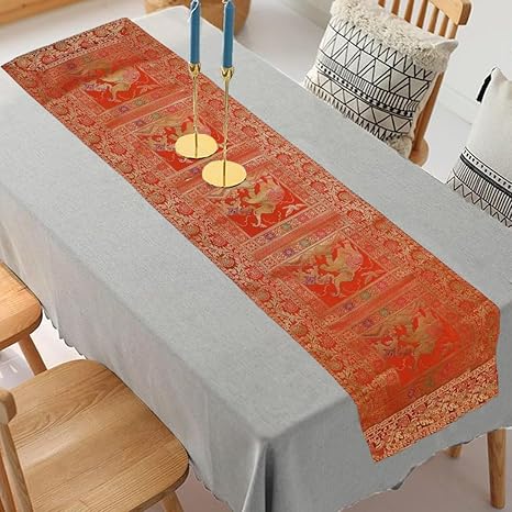 FliHaut Premium Banarasi Art Silk Brocade Ethnic Table Runner (Orange & Golden) Rectangle 60x16 inches (152x40 cm)