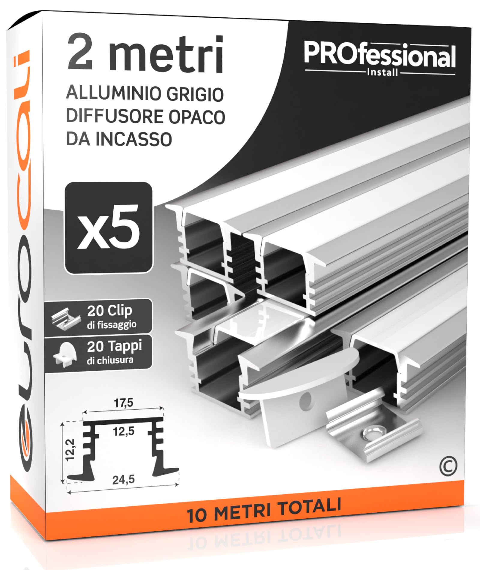 Eurocali 5x Profili da 2 metri (10mt) in Alluminio grigio per Strisce LED Copertura Opaca - larghezza max striscia led 12.5mm - 24.5 x 12.2