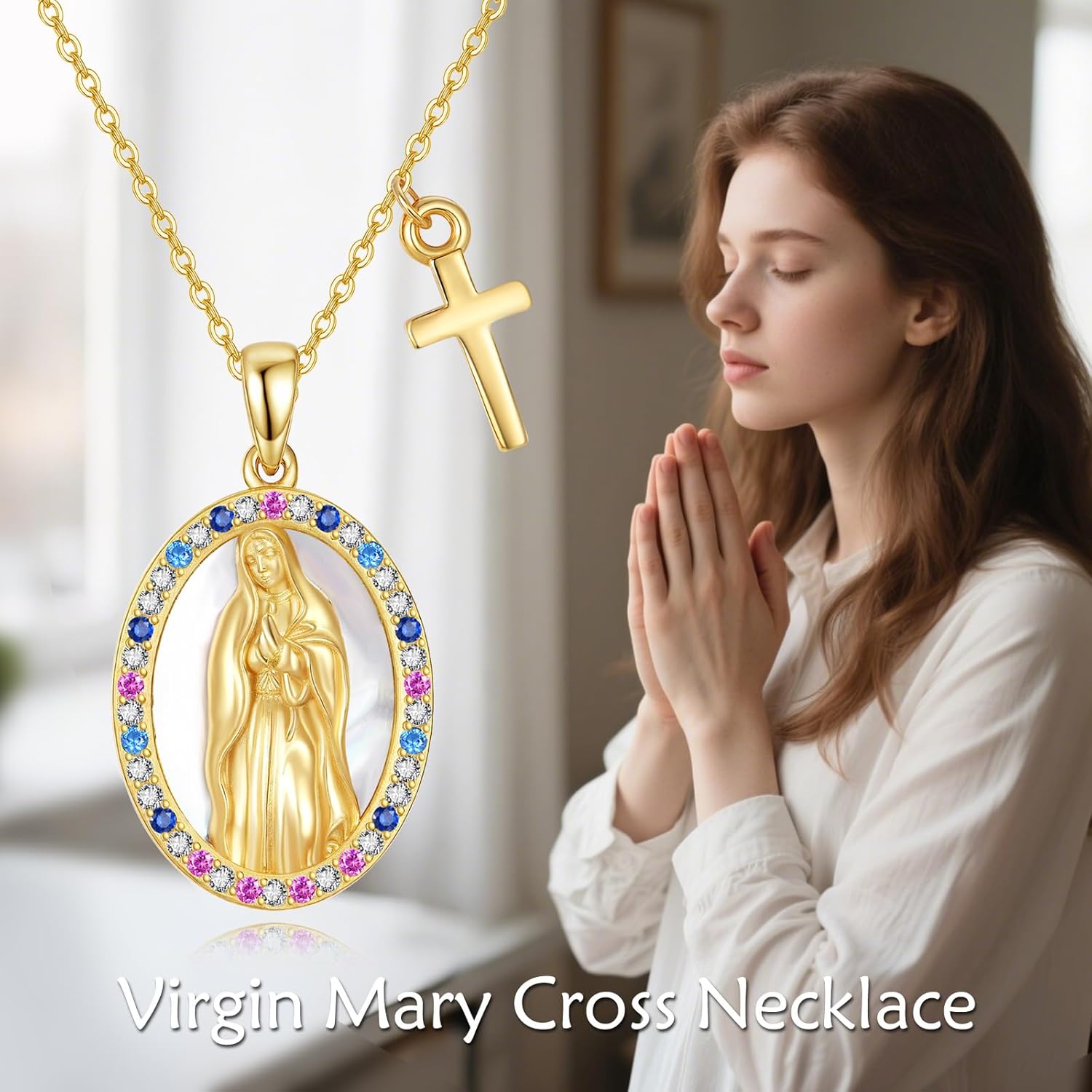 Virgin Mary/Serenity Prayer Necklace Sterling Silver 18K Yellow Gold Plated Cross Pendant Necklace Christian Jewelry Gifts for Women - Image 4