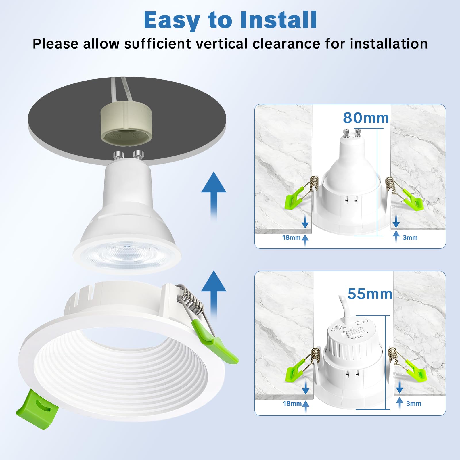 Set da 4 Supporti per Faretti da Incasso GU10 con Portalampada GU10, Bianchi, Design Antiabbagliamento, Per Fori da 64-82 mm, Cornice da Incasso per Soffitto, Lampadine Non Incluse