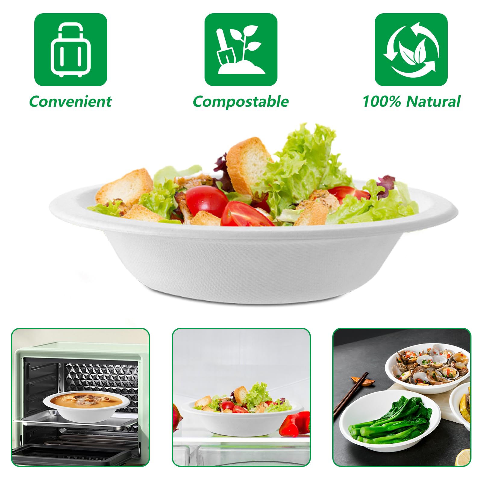 150 Pièces Bol Jetable 500ml Soupe, Bols Jetables Bagasse de Canne à Sucre, Bols Jetables 500 ml, Compostable pour Fête Mariage Pique-nique, Blanc