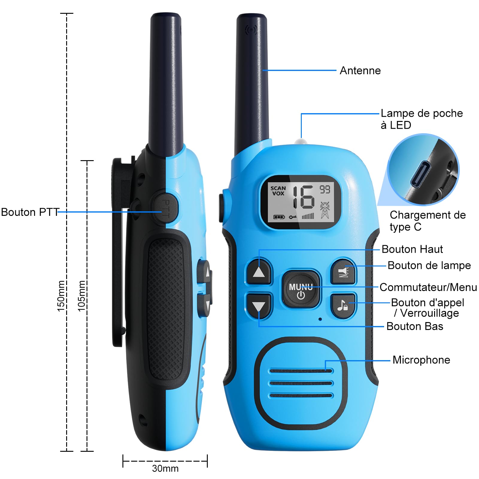 Talkie Walkie Enfants Rechargeable, Lot de 2 Longue Portée 3 KM Talkies-Walkies, 16 Canaux VOX et Lampe Torche, pour Jeux en Extérieur, Camping et Randonnée, Jouet Cadeau pour Filles et Garçons