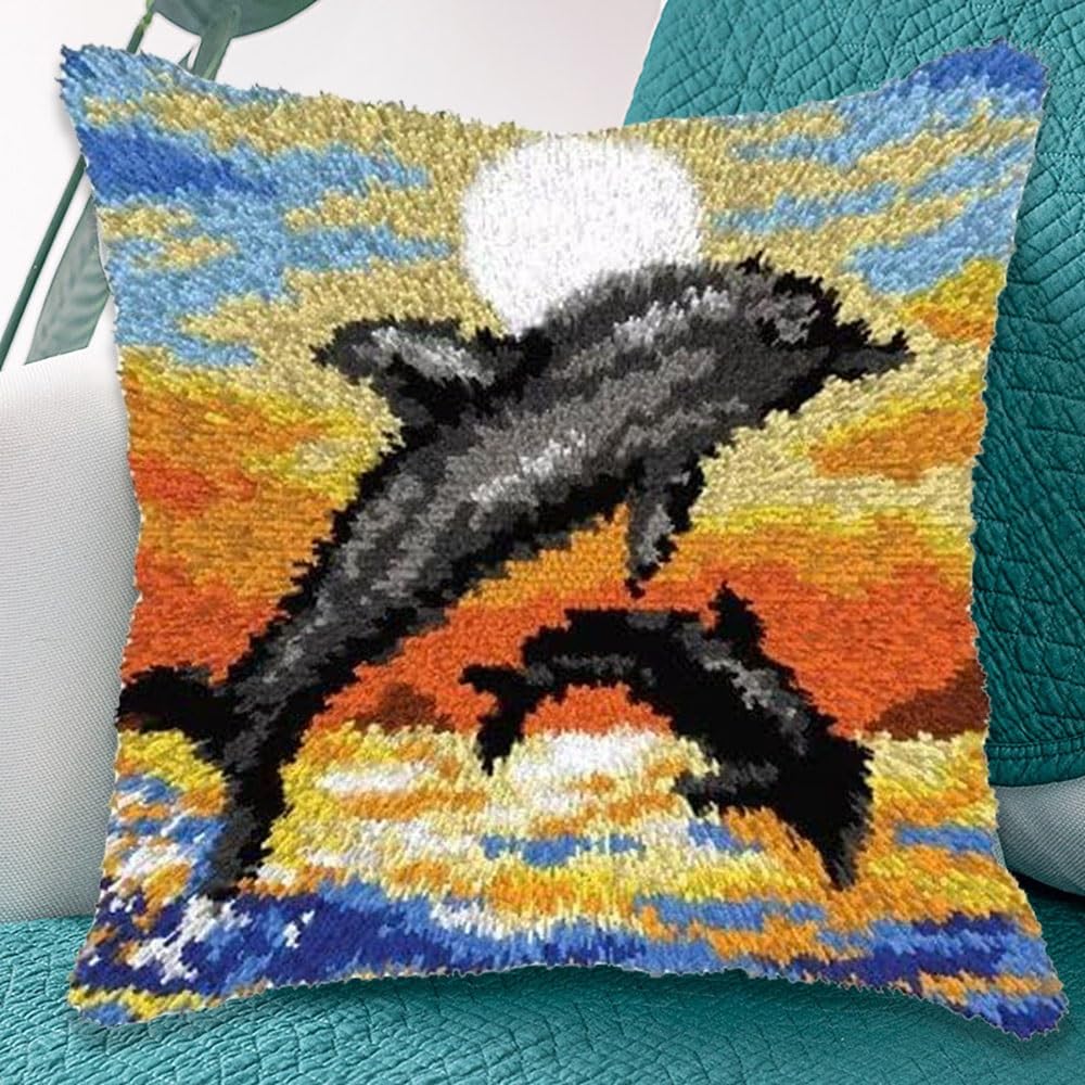 JILIP Kit Ganci di Chiusura per Adulti, Set di Tartarughe con Copertura per Cuscino Delfino Marino Fai da Te, Kit Artigianali per Federa per Cuscino in Filato per Divano, 17 * 17" (Color : Dolphin)