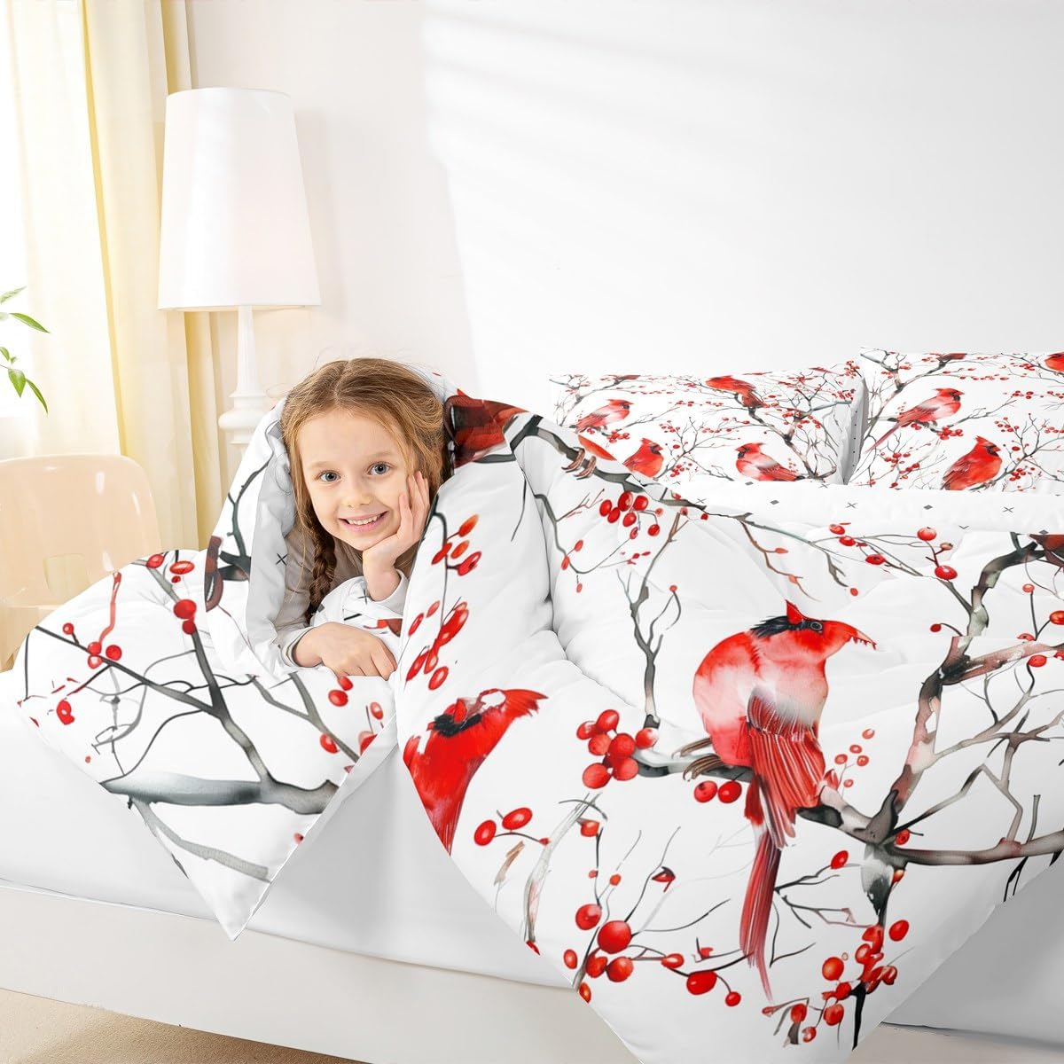 Erosebridal Cardinal Comforter Set Full Size Red Bird Bedding Set for Kids Men Women Natural Safari Branches Rustic White Comforter All Season Quilt Insert