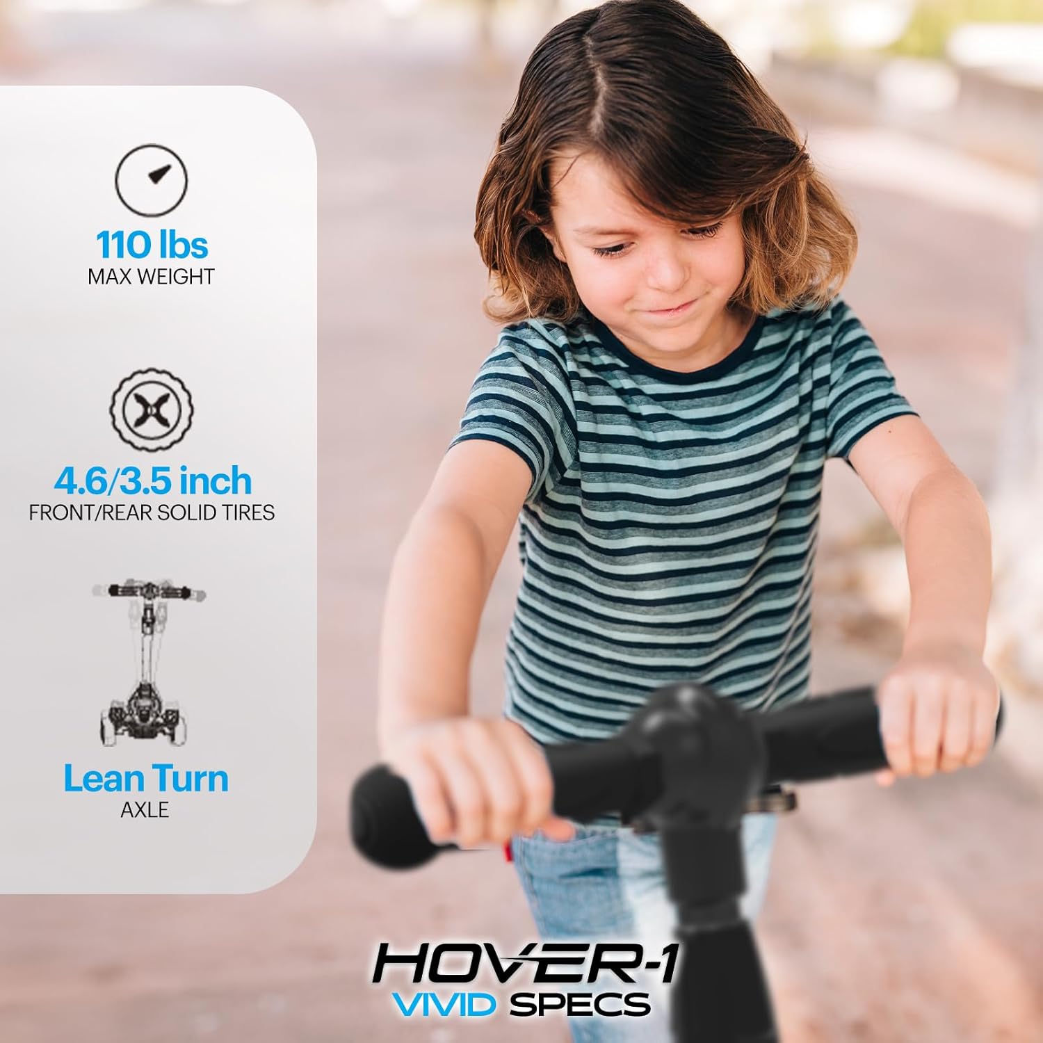 Hover-1 Vivid Kick Scooter specifications: 110 lbs max weight, 4.6/3.5 inch front/rear solid tires, Lean Turn Axle