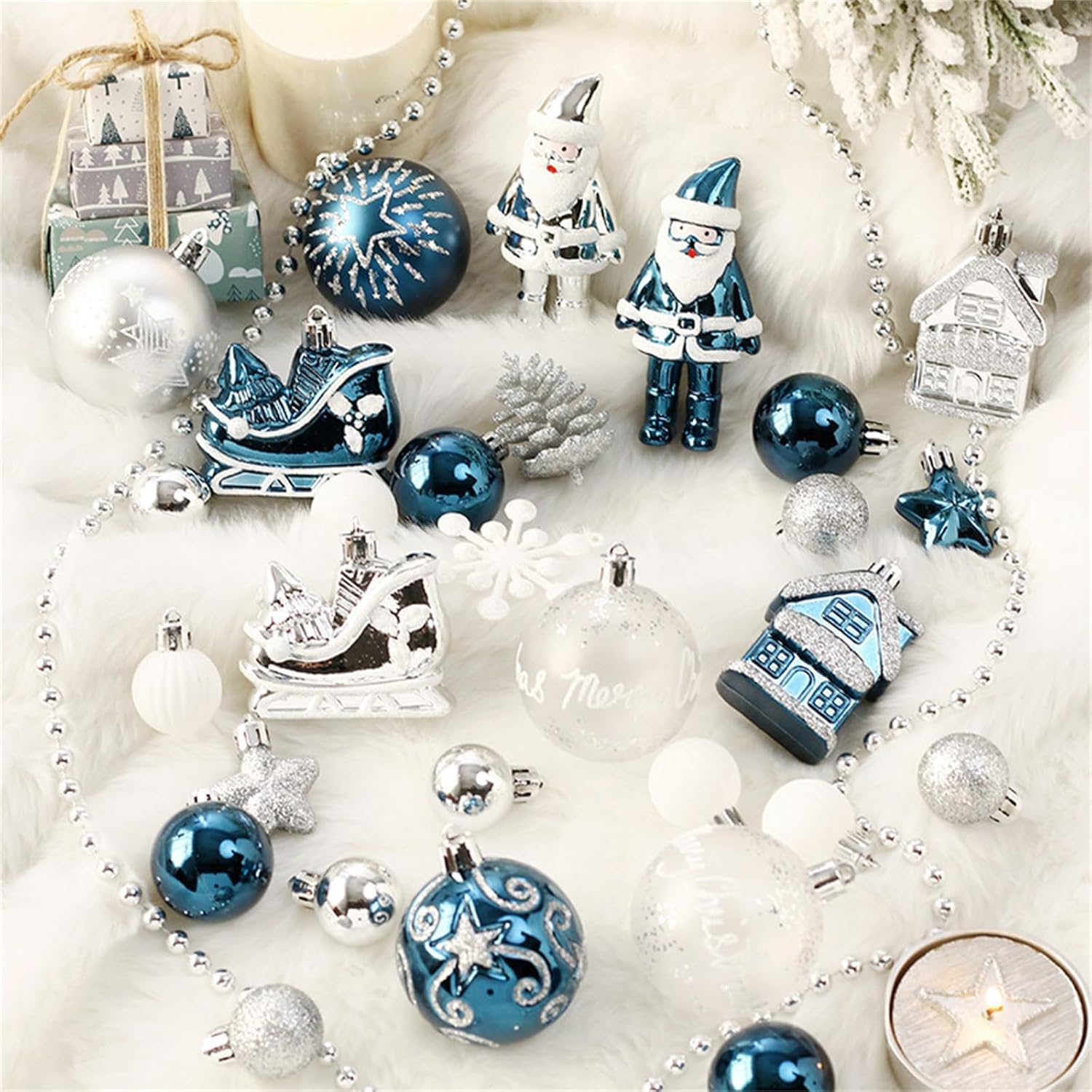 Weihnachtskugel Ornamente Set von 50, Bruchsicher Kunststoff (Blau Weiß Silber)