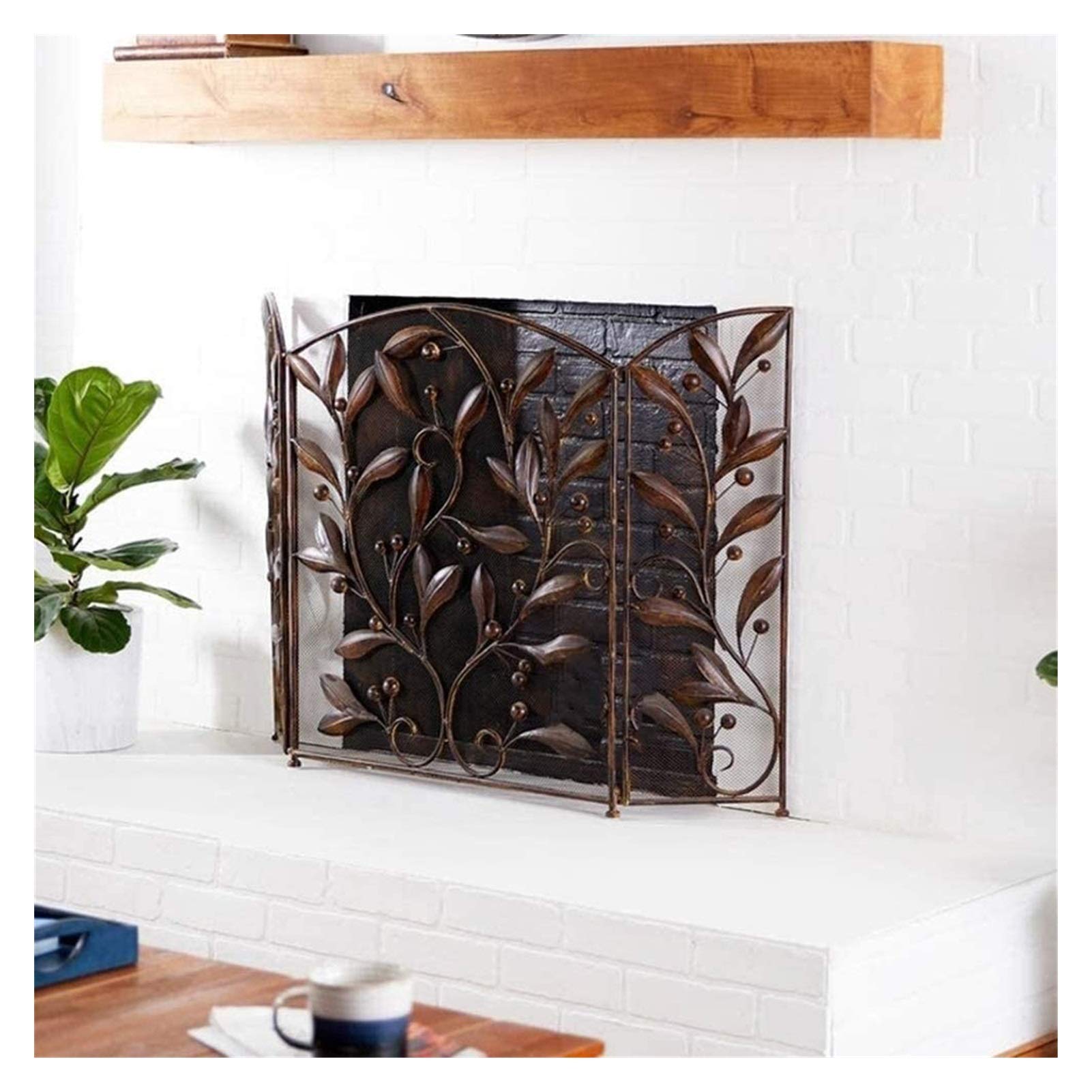 Home Fireproof Fireplace Screen, 3 Panel Folding Iron Fire Guard, Metal Mesh Safety Fire Place Guard for Wood and Coal Firing, Stoves, Foldable, Brown Spark Protection Fireplace Panel