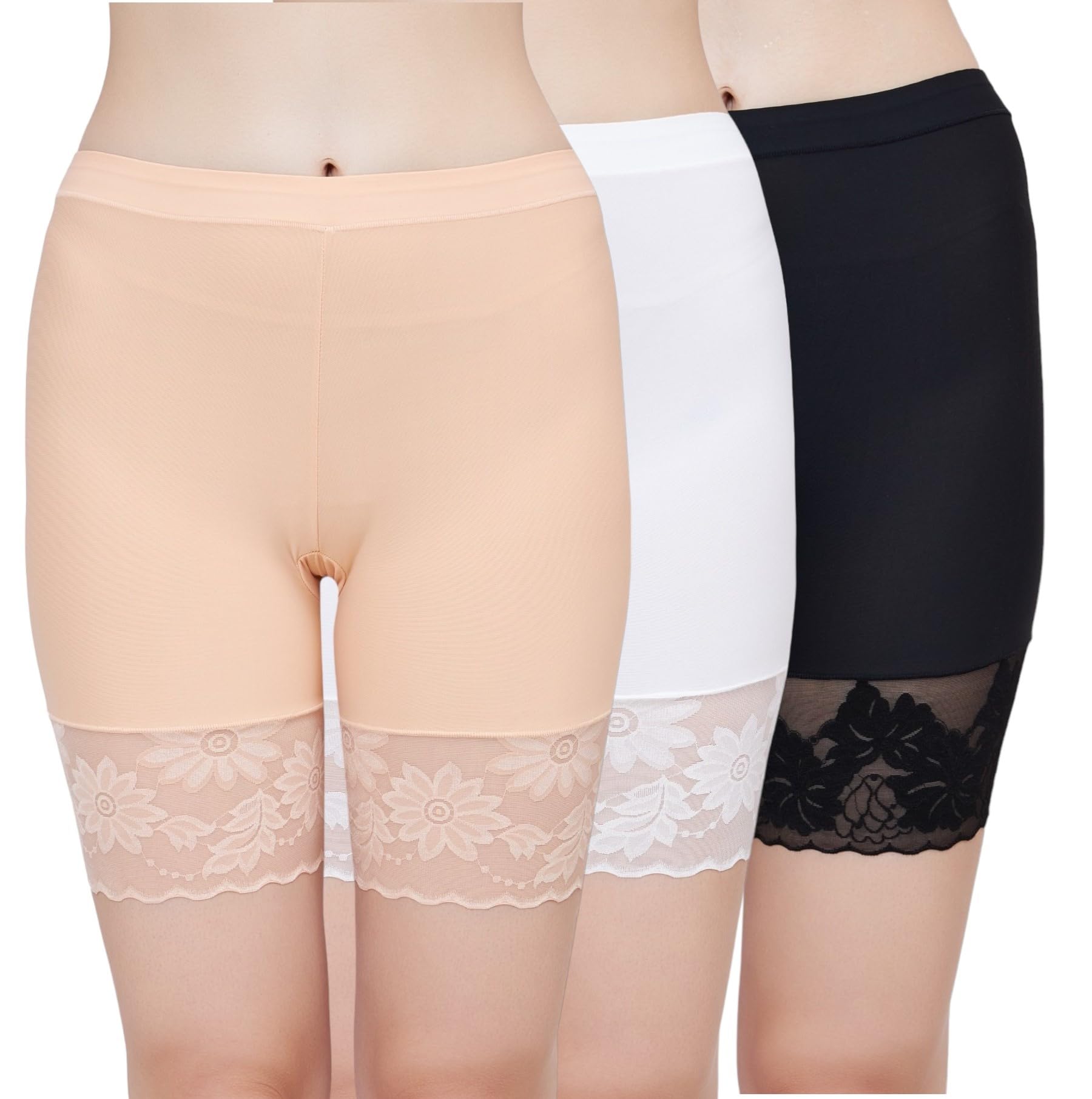 Lace Trim Slip Shorts for Women - Seamless Mid-Thigh Boyshorts Underwear, Size S to L, Black/Beige/White (Pack of 3)-image-27