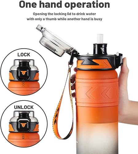 Miniatura 2 de TKK Botellas de agua deportivas con popote extraíble de 34 onzas, tapa superior abatible a prueba de fugas, sin BPA, botellas de Tritan con correa