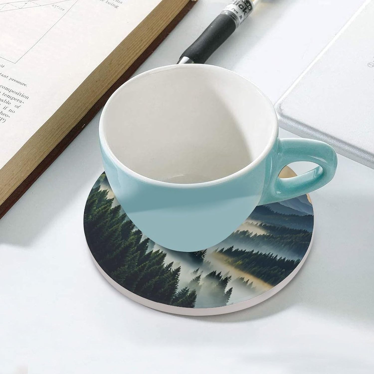 6PCS Foggy Mountains Forest Coasters Non-Slip Round Drink Coasters with Ceramic Stone and Cork Base, Heat Resistant Absorbent 33.00Stone Coaster Set for Kinds of Mugs and Cups, 4 Inch