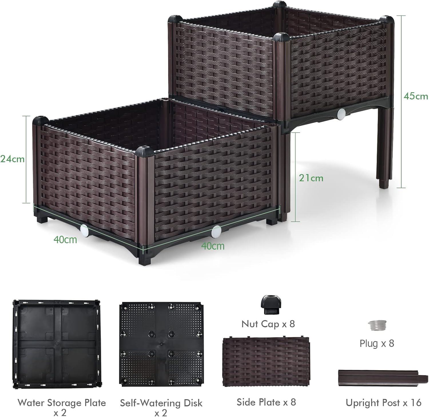 TANGZON Set of 2/4 Garden Raised Bed, Elevated Flower Plant Box with Self-Watering Device and Drainage Holes, Herb Vegetable Planter Container for Yard, Balcony & Patio (2 Sets, Brown)