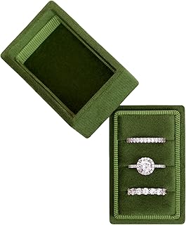 BLUTETE Rectangle 3 Slots Italian Velvet Jewelry Box Engagement Wedding Photo Ring Box Keepsake Box Triple Ring Gift Box (Olive Green)