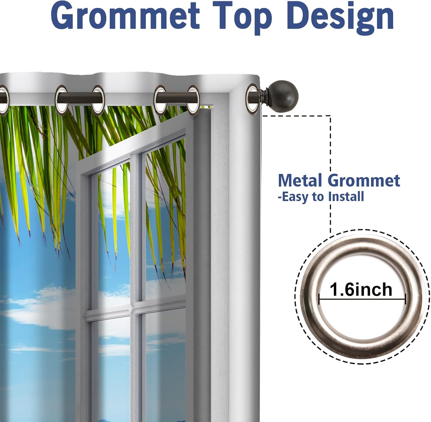 Jekeno Ocean Beach Palm Trees Blackout Curtains Summer Tropical Island Decor Seaside White Wooden Window View Print Grommet Window Drapes for Bedroom Living Room 2 Panel Set, 52"x84"